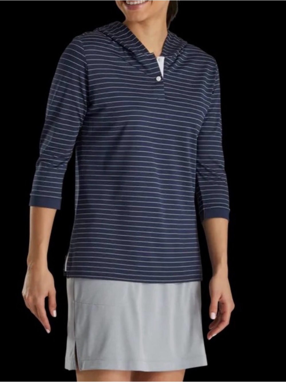 FootJoy Navy and White Striped Hooded 3/4 Sleeve Pullover